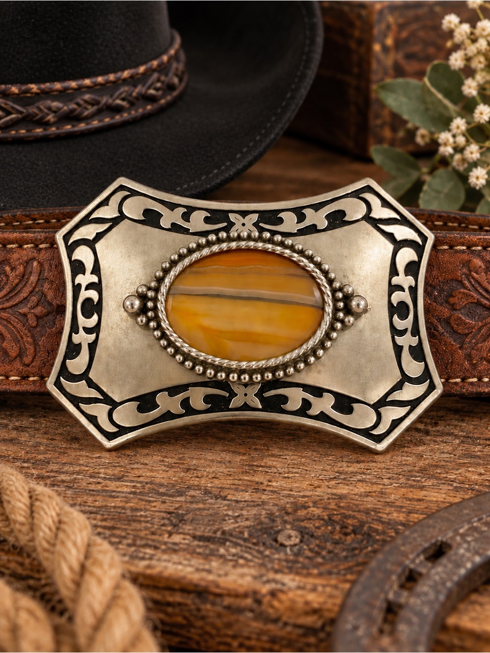 Western Silver Tone Belt Buckle Faux Banded Amber Agate & Black Scrollwork